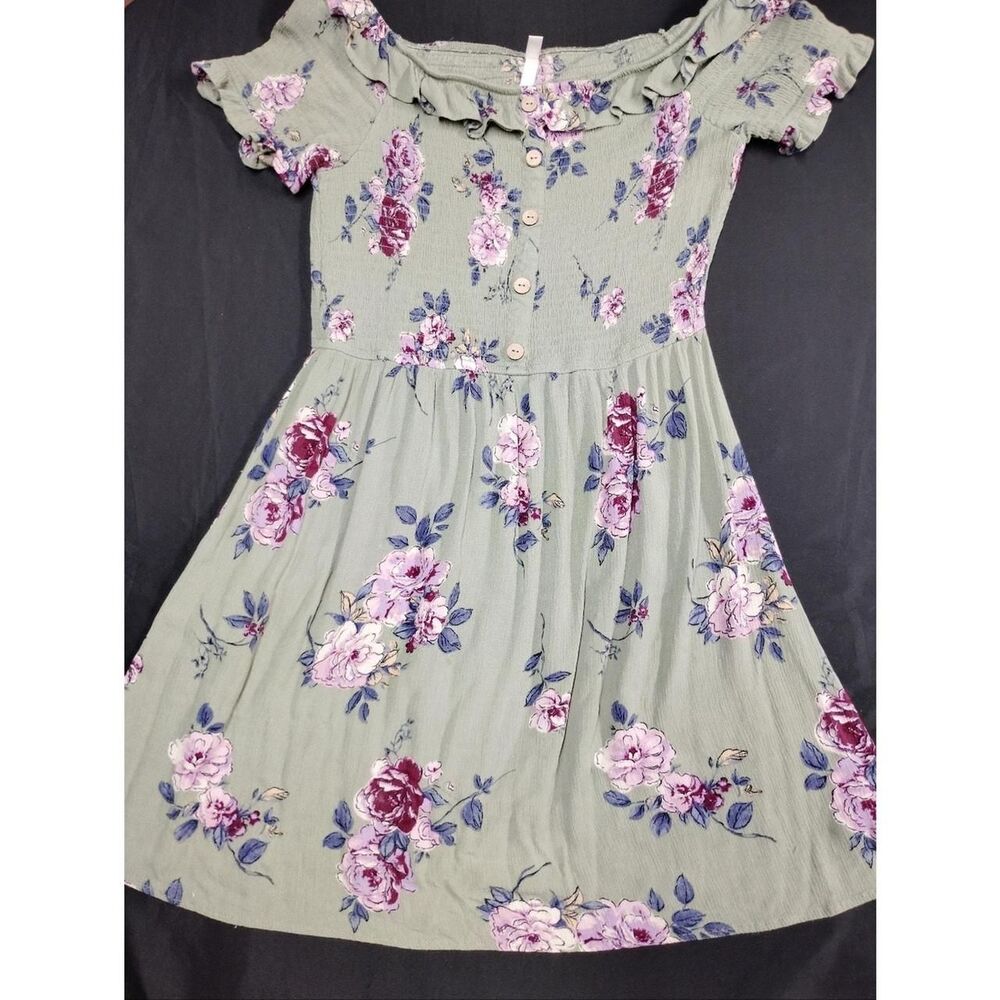 Xhilaration Sage Green Floral Button-Front Ruched Ruffle Summer Dress